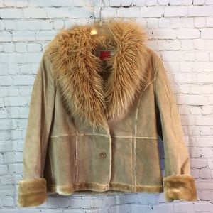 PENNY LANE. ESPRIT Vegan, fur-lined, suede coat w big faux fur collar.